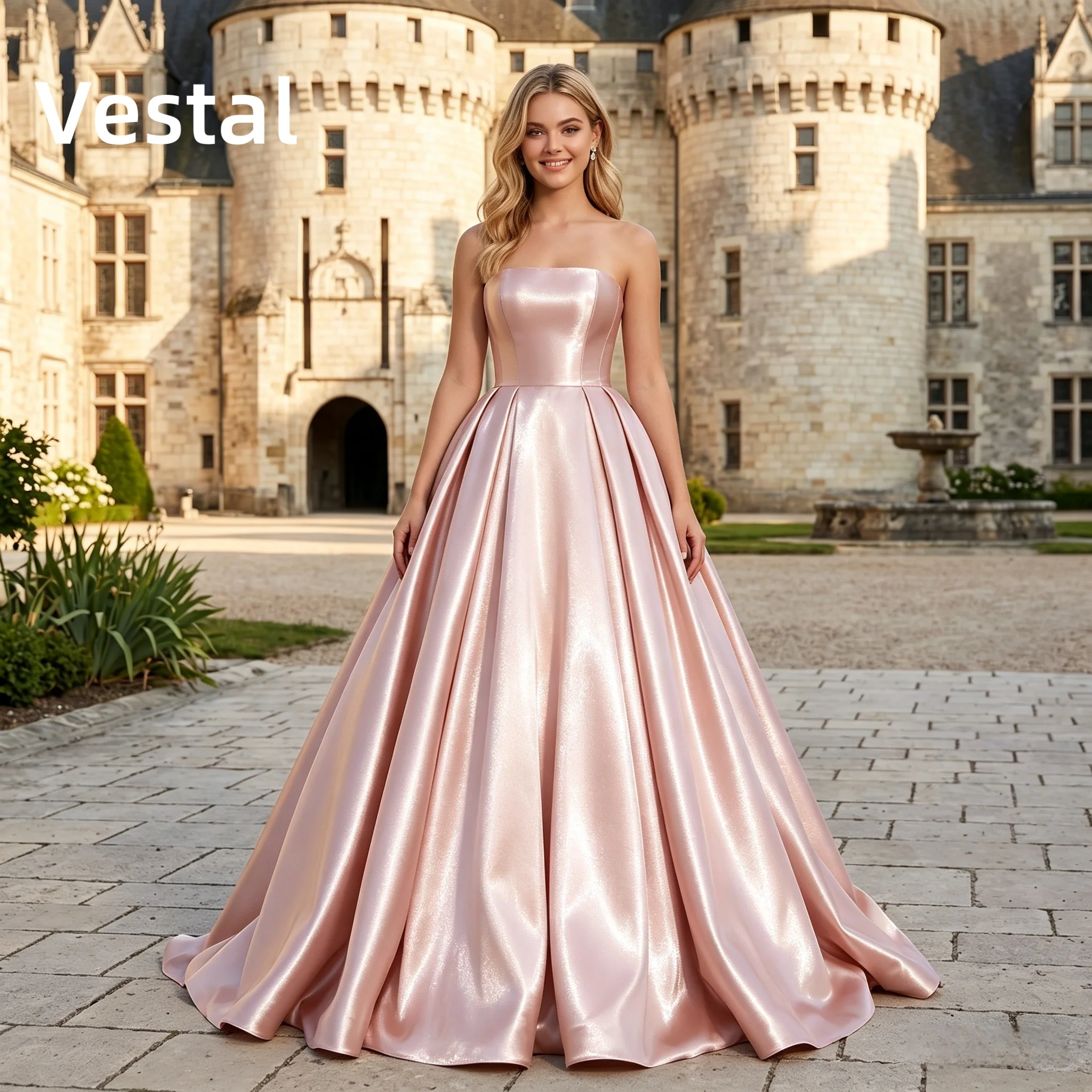 Pink Glossy Satin Strapless Prom Dress A-Line Floor Length Formal Evening Party Gown Ball Gown Customized