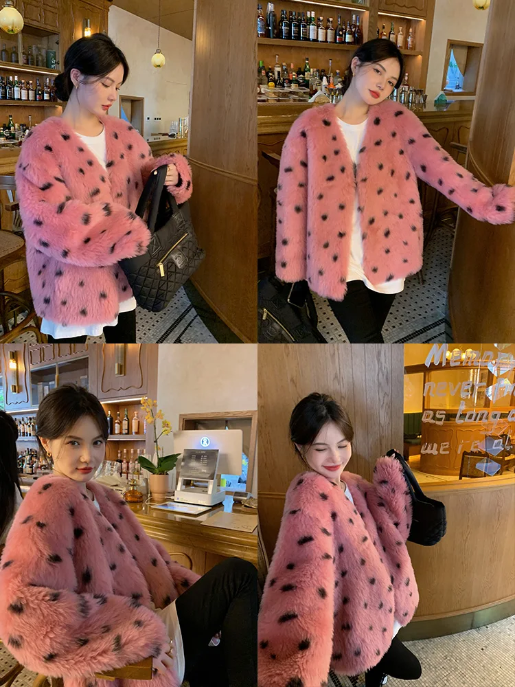 秋冬新作 スリーピンクカラー ブロ ポルカドット トスカーナウール シープスキン レディース ジャケット デコレーティブ ウォーム Vネック ロングスリーブ