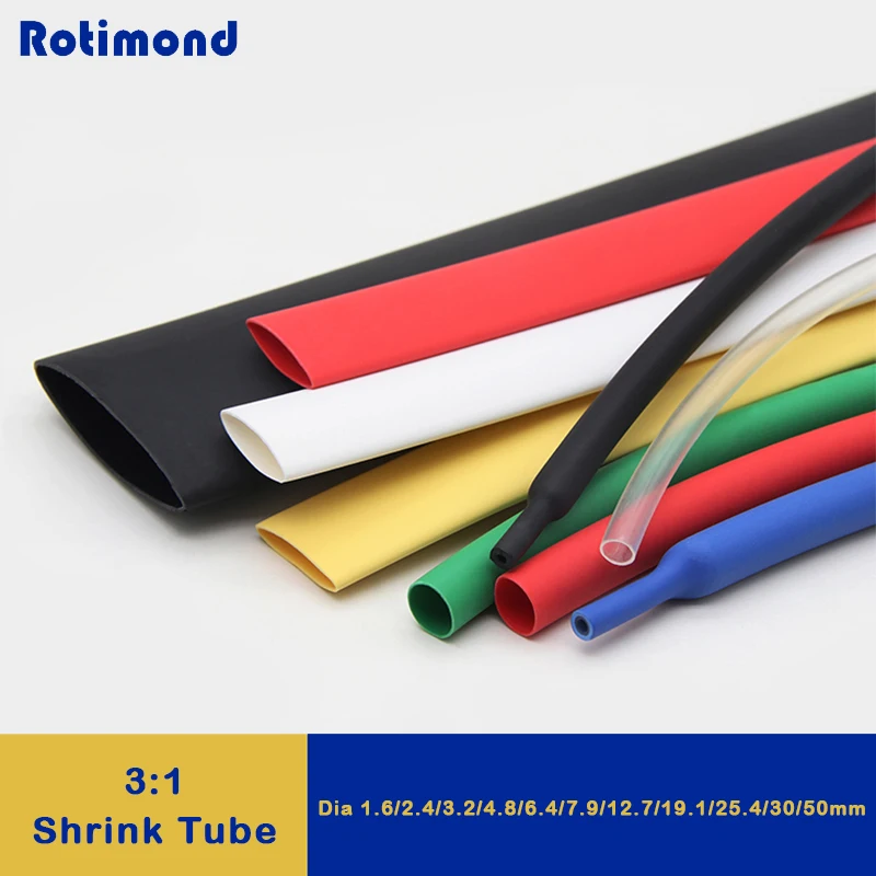 1/5/10m 3:1 Heat Shrink Tube 1.6/2.4/3.2/4.8/6.4/7.9/9.5/12.7/15.4/19.1/25.4/30/39/50mm Double Wall Glue Thermoretractile Tube