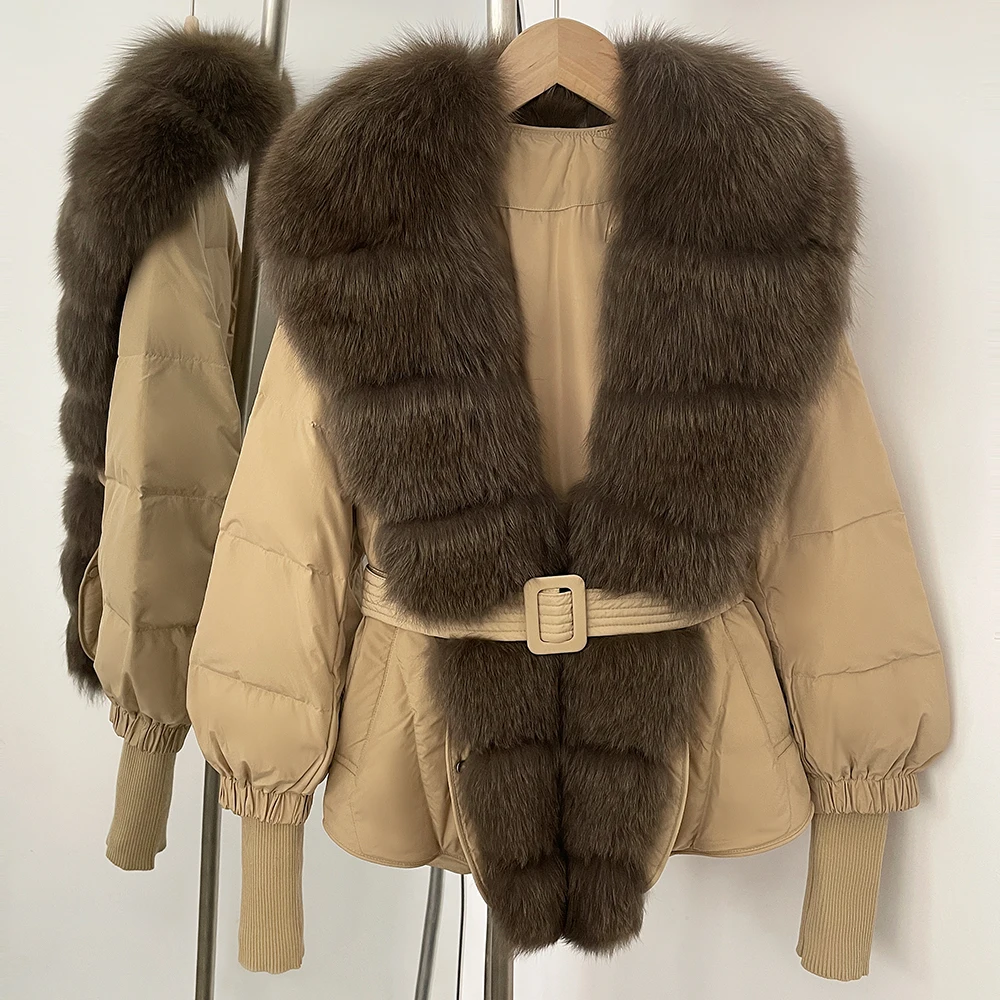 OFTBUY Fur Jacket Thick New Autumn Winter White Duck Down Coat Warm Female Belt Natural Fox Fur Fluffy Puffer Jacket Women