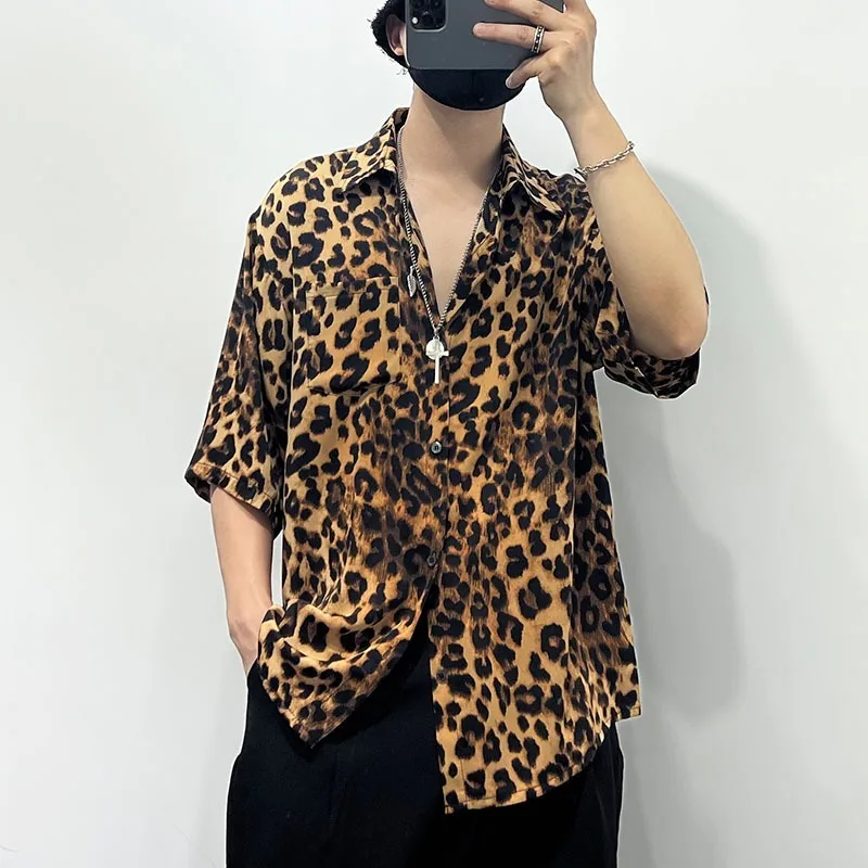 

M-8XL Male Shirts Plus Size Men's Clothing American Retro Leopard Print Top Short-sleeved T-shirt Hawaiian Shirt Y2k Clothes