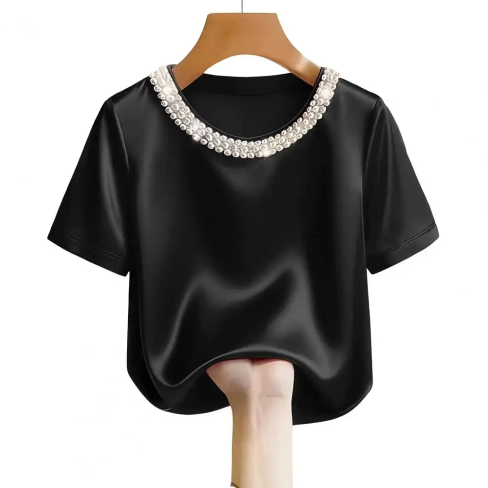 

Women T-shirt Imitation Pearl Necklace Shirt Women’s Satin T-shirt with Hand-sewn Imitation Pearls Round Neck Tee for Everyday