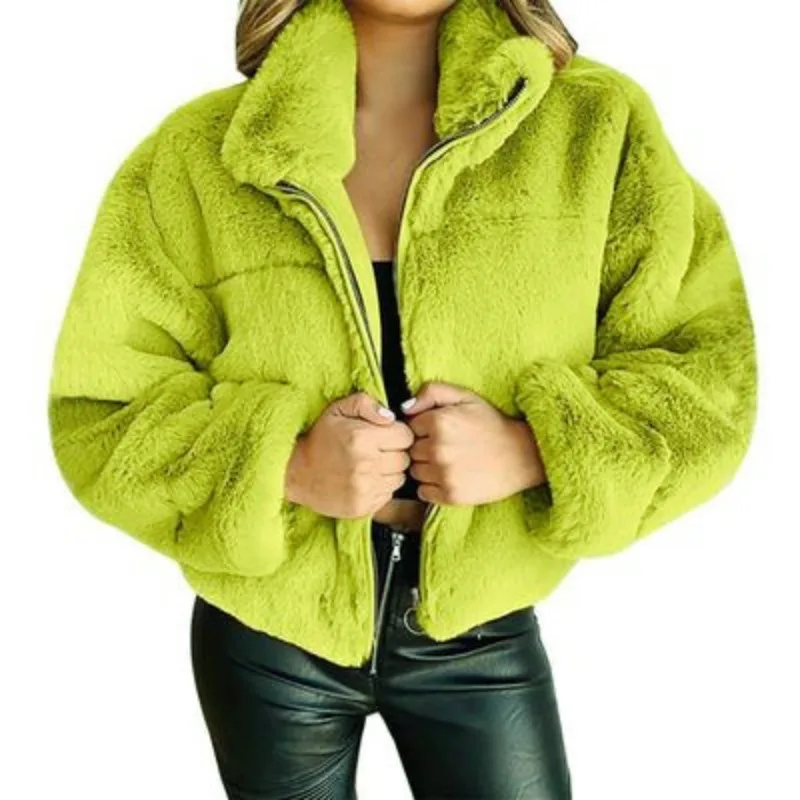 Women's Faux Rabbit Fur Coat, Thick Warm, Stand Collar, Short Outwear, Monochromatic, Casual Fashion Jacket, Autumn, Winter, New