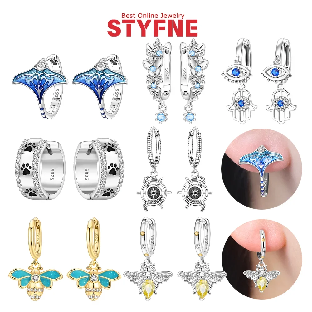 Fashion Earrings 925 Silver Bee Butterfly Blue Devil Fish Cute Pet Claw Hoop Earrings for Women Anniversary Fine Jewelry Gifts