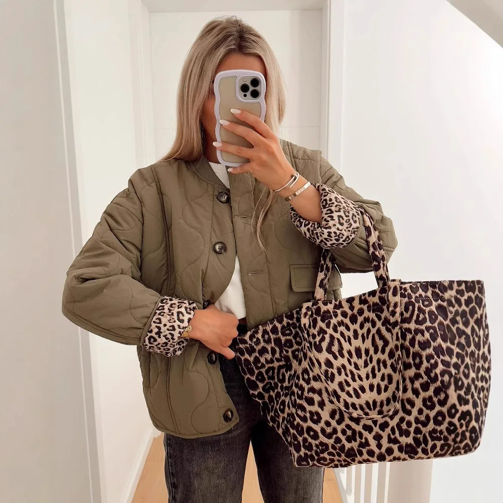 

New Women's Chic Leopard Print Lined Cotton Jacket Fashion Single-breasted O-neck Flip Pockets Coat 2024 Female Quilted Outwear