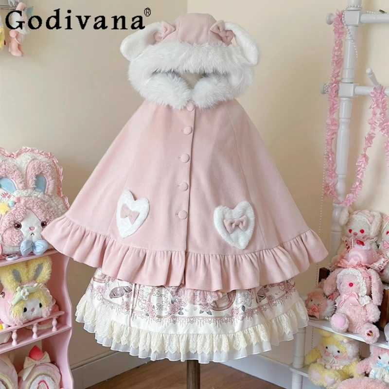 

Original Pink Lolita Hooded Cloak Autumn Winter New Girls Sweet Kawaii Warm Thickened Short Single-Breasted Jacket Woman's Capes