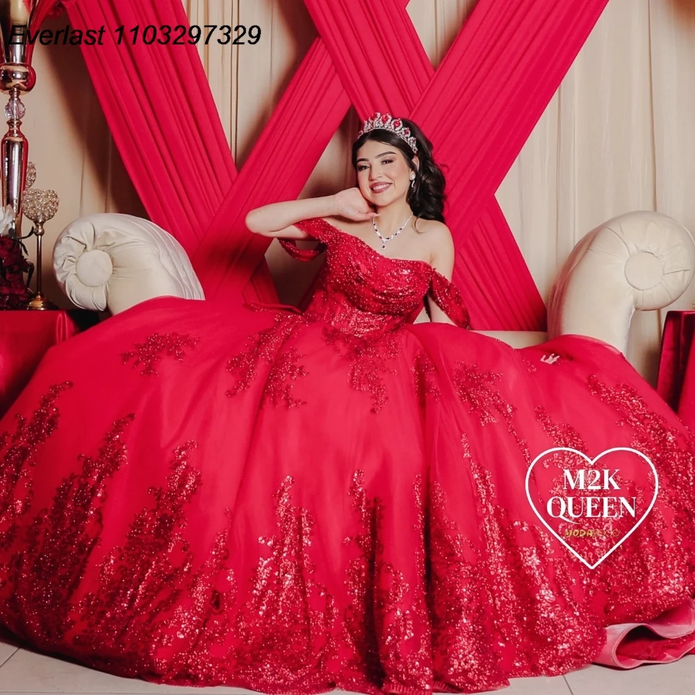 EVLAST gaun Quinceanera merah Meksiko gaun pesta gaun manik-manik Applique renda mengkilap korset berjenjang manis 16 Vestido De 15 Anos TQD917