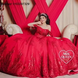 EVLAST Customized Mexican Red Quinceanera Dress Ball Gown Lace Applique Beading Tiered Corset Sweet 16 Vestido De 15 Anos TQD917