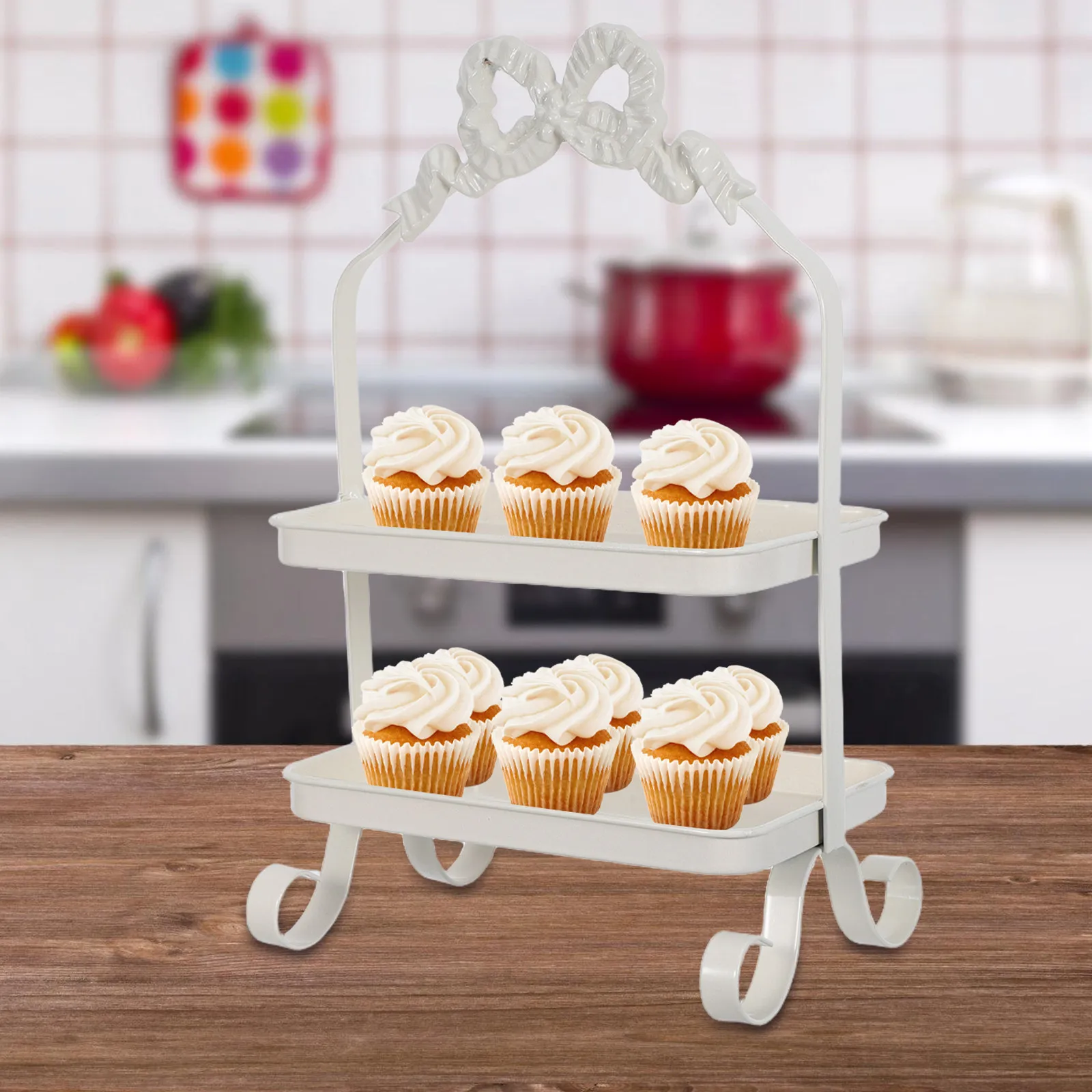 2-Tier Vintage Iron Rectangle Serving Tray Stand Rustic Farmhouse Tiered Dessert Fruit Display Rack for Coffee Bar Kitchen - view 6