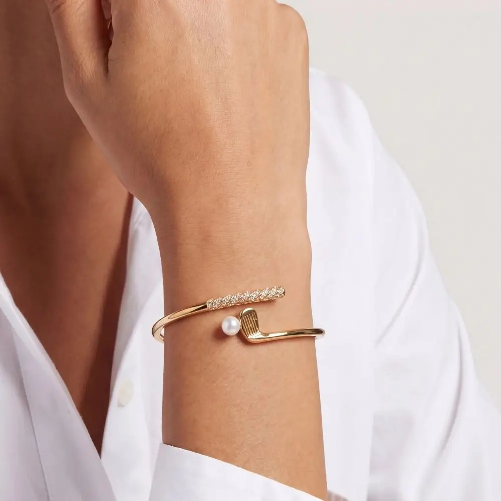 Metal Chain Tennis Racket Bracelet Stainless Steel 18K Gold Plated Tennis Racket Open Bangle Charm Star Rhinestones Bracelet