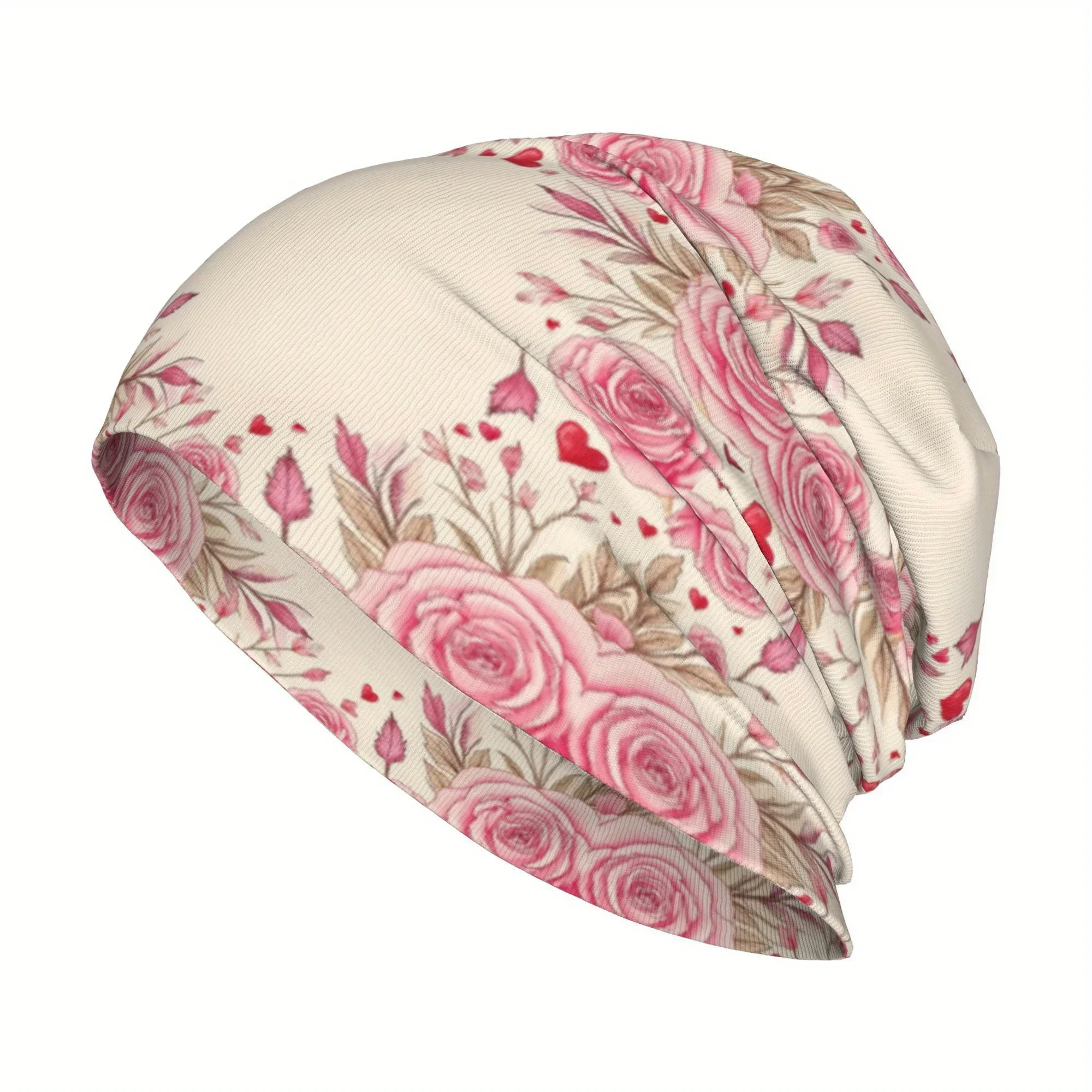 Custom Skullies Beanies Caps Pink Roses With Leaves And Hearts Thin Hat Autumn Spring Bonnet Hats Men Women'S Unisex