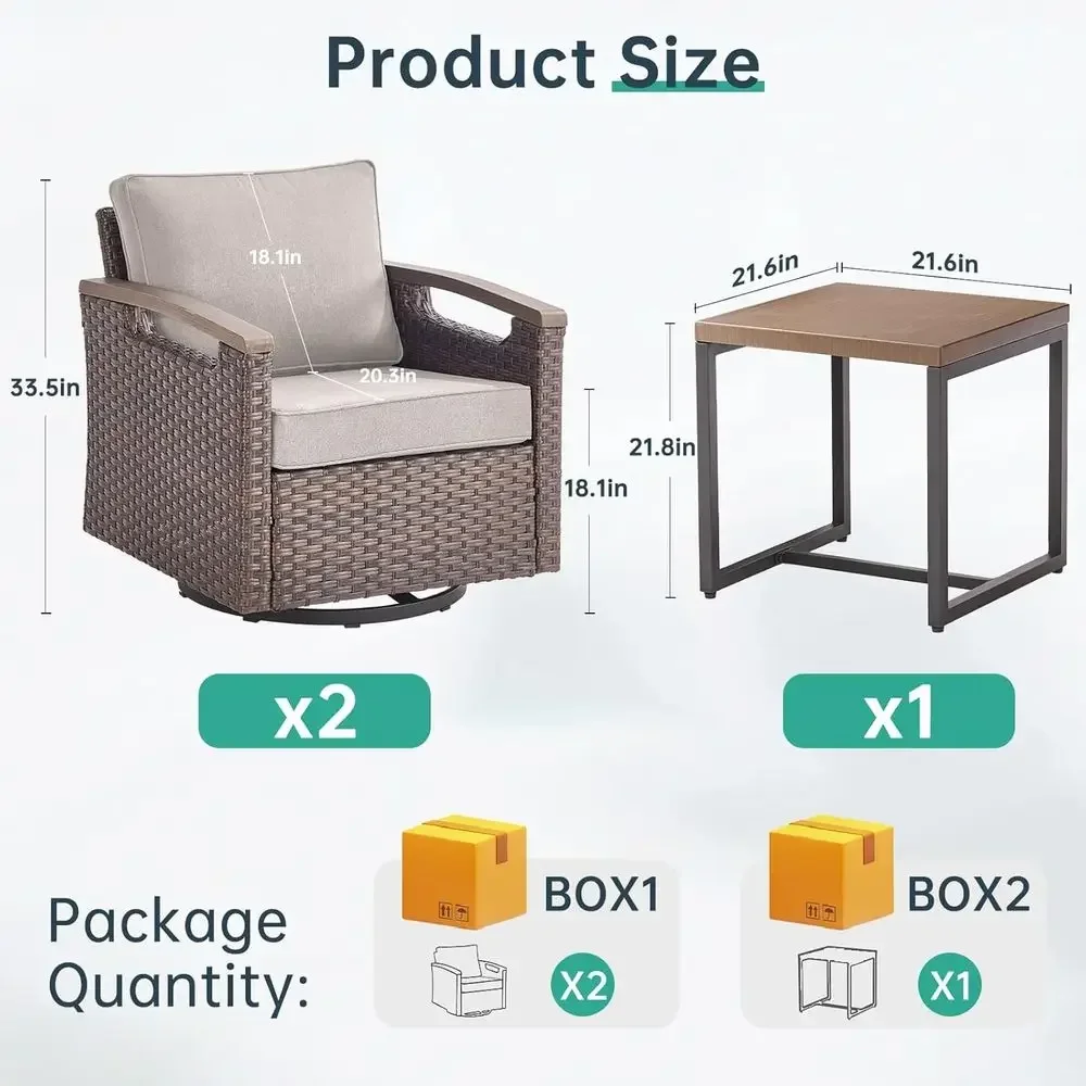Heavy-Duty 3-Piece Outdoor Swivel Rocker Set with Metal Side Table and Cushions - All-Weather Wicker for Porch, Poolside, Deck