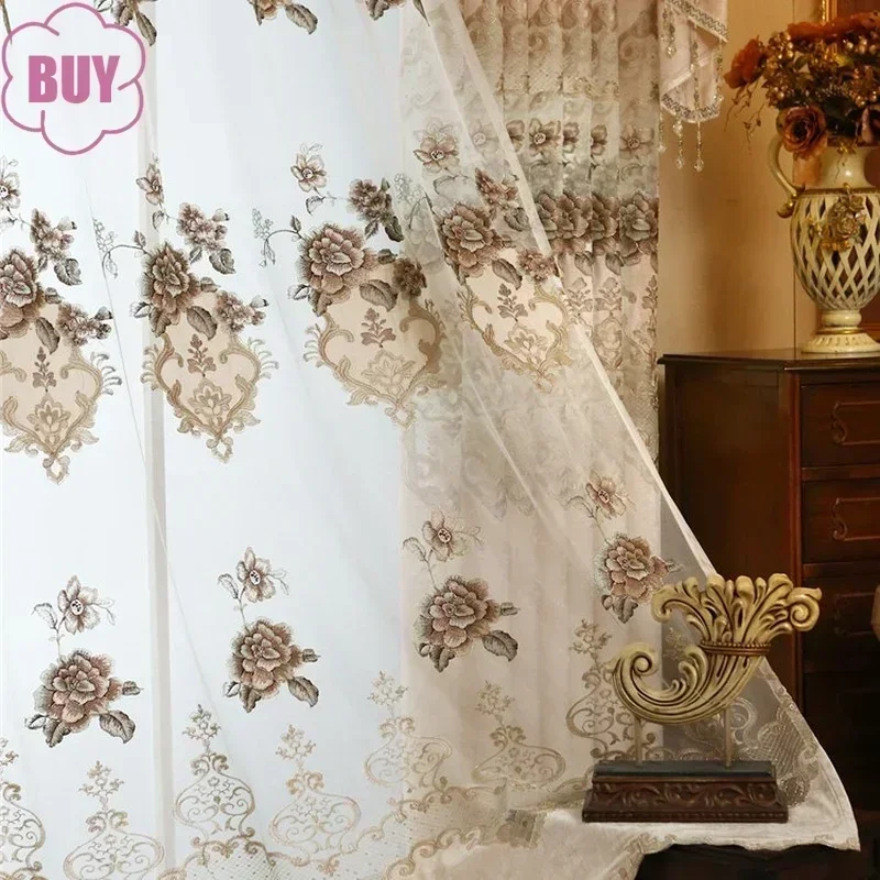 1PC European Style Curtains For Living Dining Room Bedroom Luxury Embroidered Beige Chenille Curtain Valance French Window Tulle