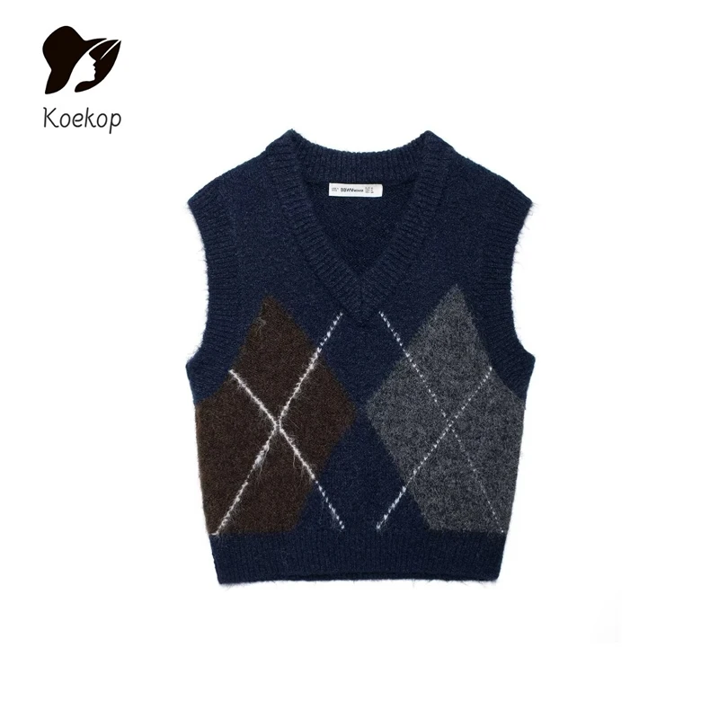 Koekop Women's Fashion Rhombus Round Neck Knitted Sleeveless Vest Vintage Casual Temperament Women's Chic Lady Vests