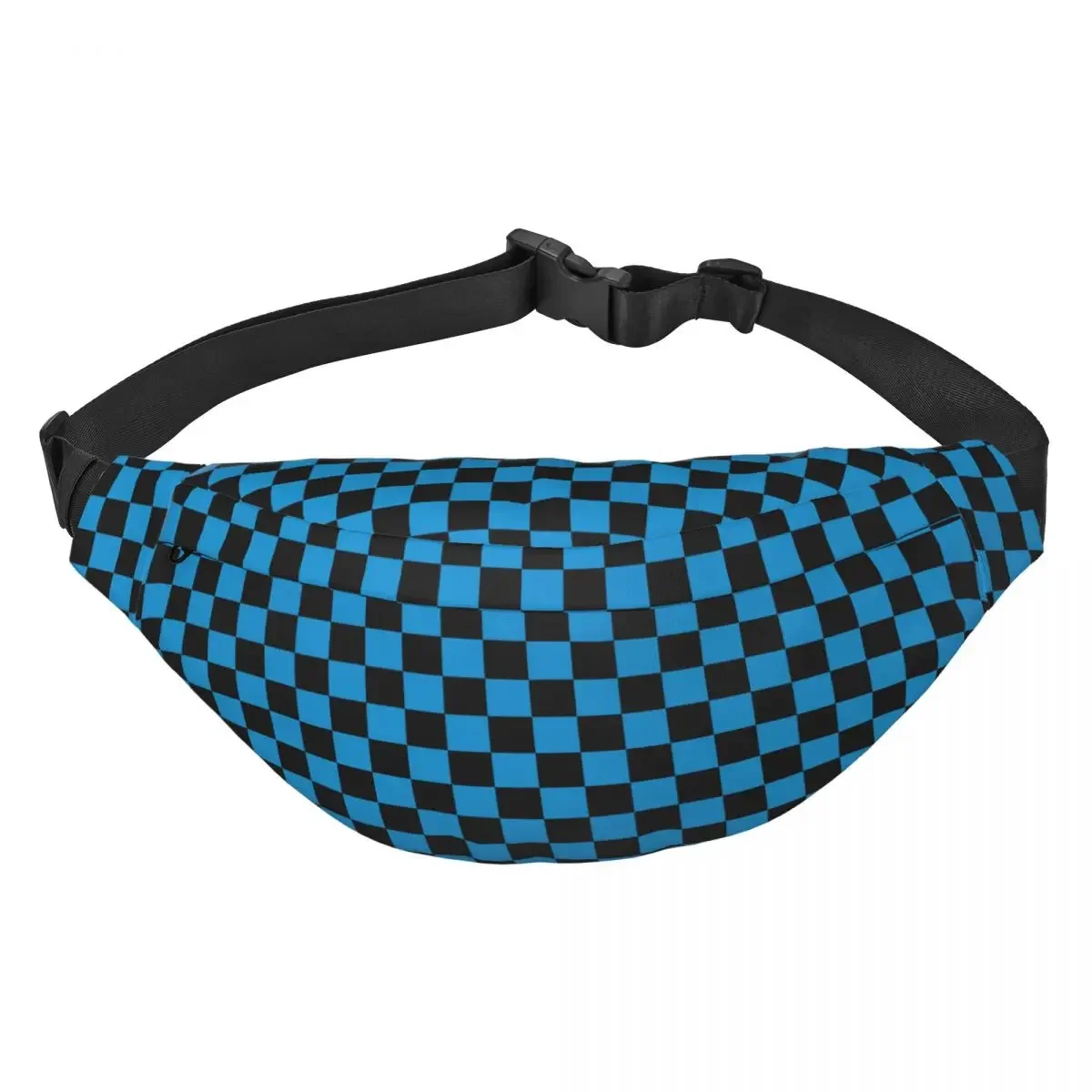 Custom Casual Checkerboard Plaid Fanny Pack Men Women Light Blue And Black Sling Crossbody Waist Bag Hiking Phone Money Pouch