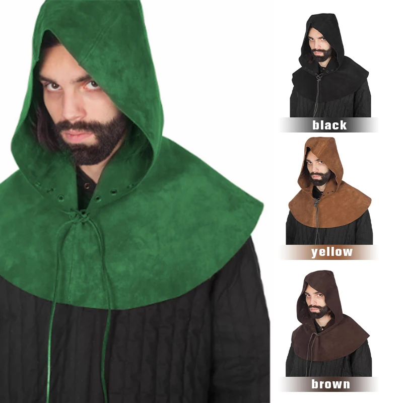 Medieval Viking Hooded Cloak PU Leather Cape Men Women Gothic Sleeveless Shawl Cape Aristocrat Halloween Cosplay Hooded Armor