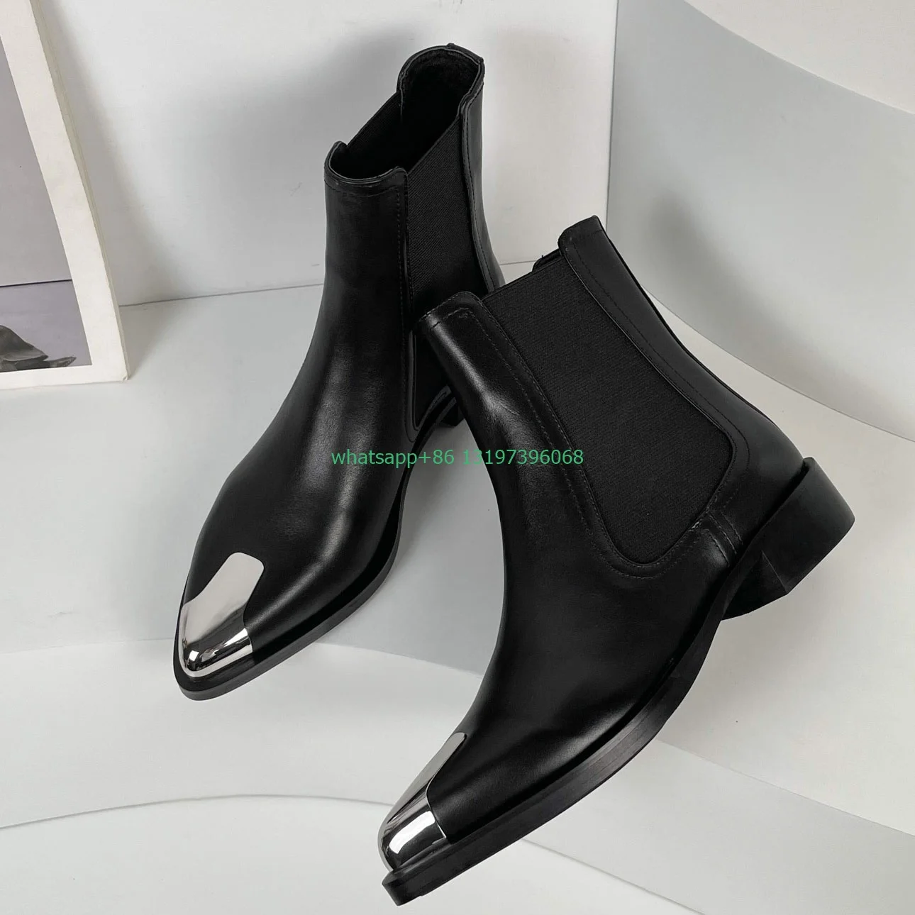 Lady pointed toe metal toe design ankle boots chunky heel metal sliver toe boots punk Gothic style party boots causal dress shoe