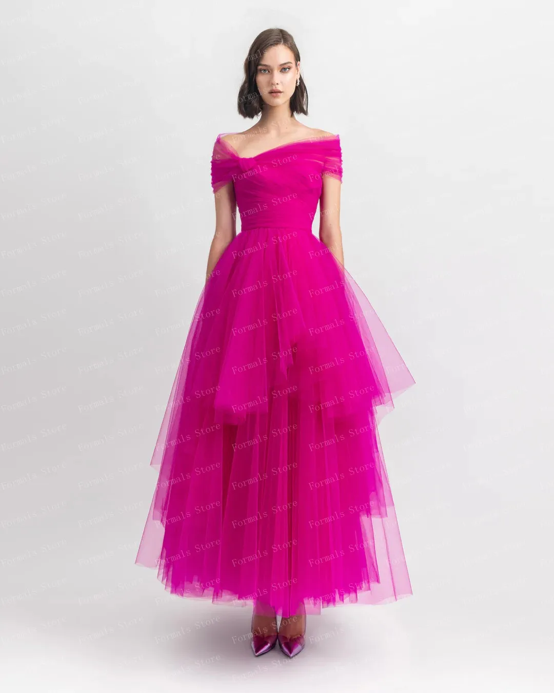 Off Shoulder Hot Pink A-line Tulle Dress Ankle Length High-low Evening Dresses Midi Long Prom Dress Custom Made Woman Clothes