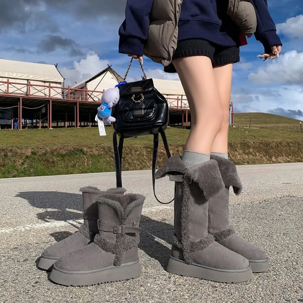 رمادي طويل أنبوب الثلوج أحذية للنساء شتاء 2025 جديد سميكة سوليد الارتفاع زيادة و أفخم أنبوب سميك أحذية قطنية دافئة