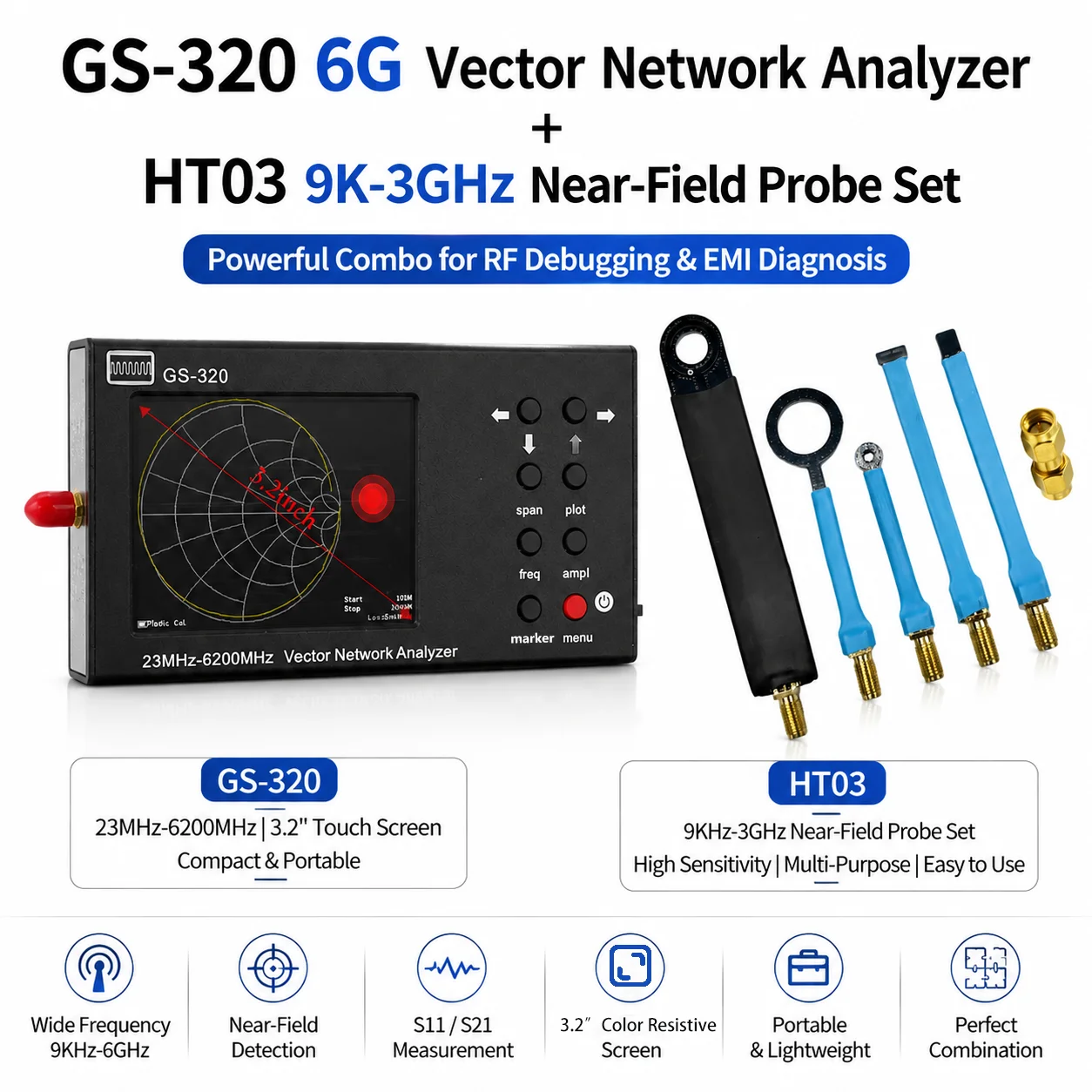 HTOOL GS320 Handheld Vector Network Analyzer 23M-6.2GHz High Precision RF Test Kit 9KHz-3GHz Near-Field Probe for RF Engineering