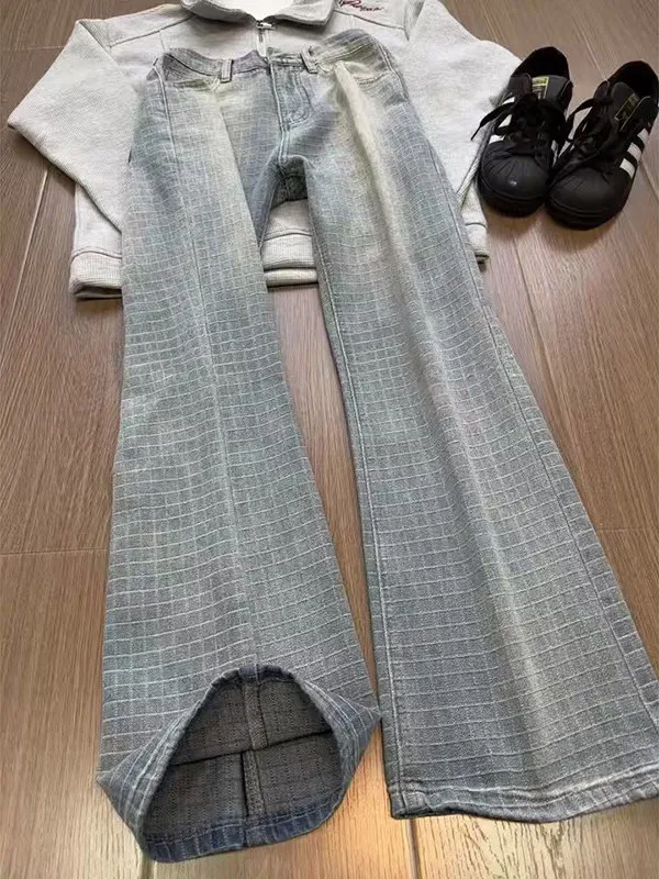 

Light Blue Plaid Men's Jeans mid Waist Floral Embroidery Slim Straight Leg Pants American Sle Faionable Casual Trousers