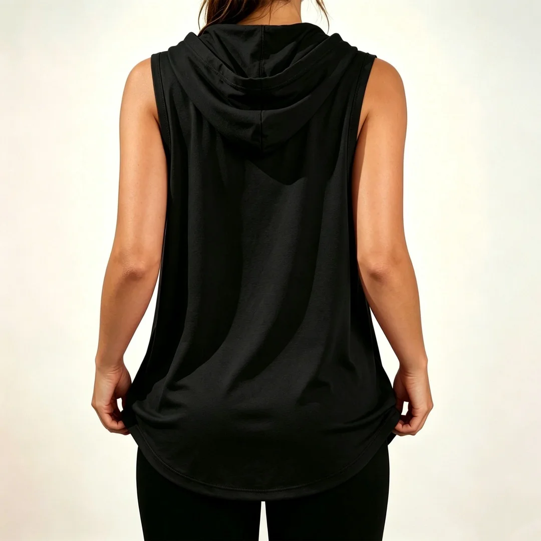 Loose-fit sleeveless hoodie featuring an abstract side-profile portrait and palm-with-star print; a unique, casual, unisex oversized athletic top. view 2