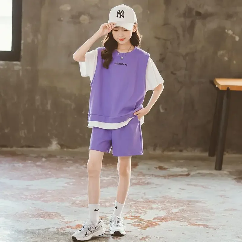 Children's Clothing Set Summer Girl Short Sleeved + Shorts Suit Leisure Tracksuit for Kids Girls Clothes 5 6 8 9 10 12 Years Old image 4