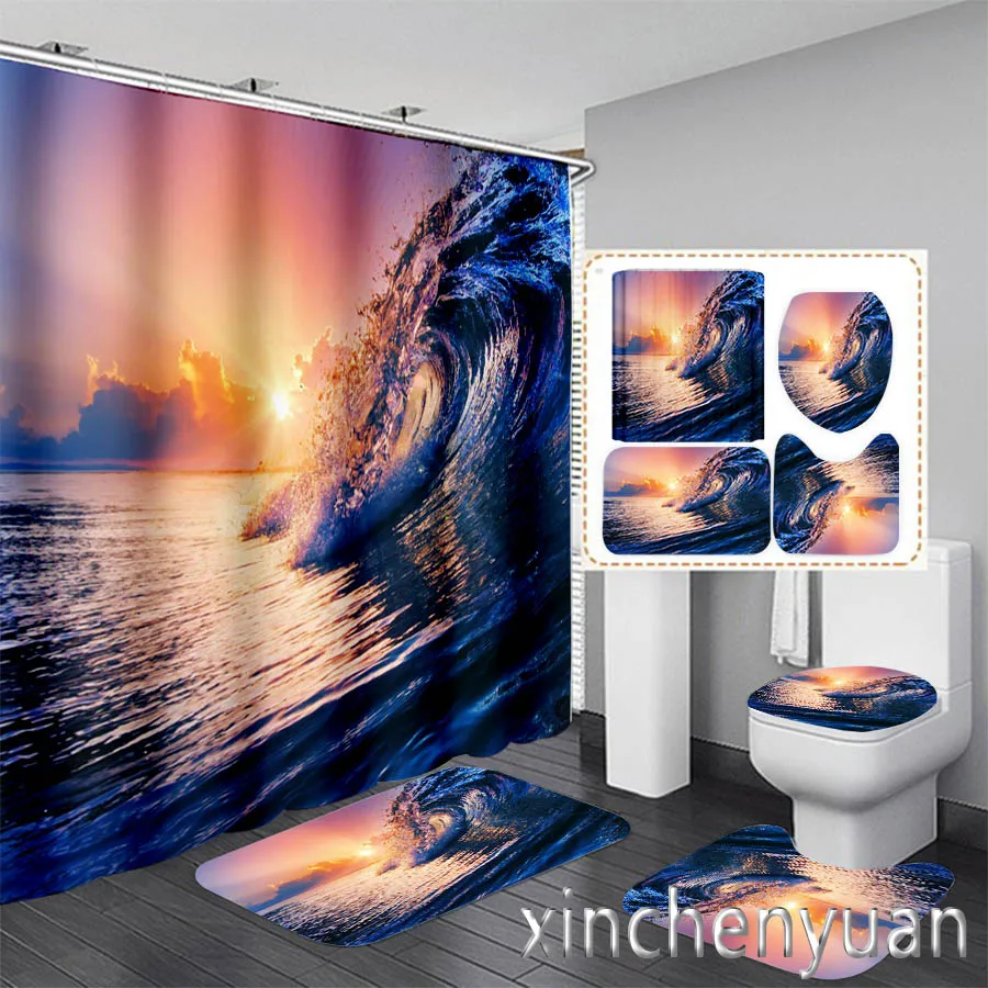 Ocean Wave Art 3D Printing Waterproof Bathroom Shower Curtain Toilet Cover Mat Non-Slip Floor Mat Rug (1/3/4Pcs) W19