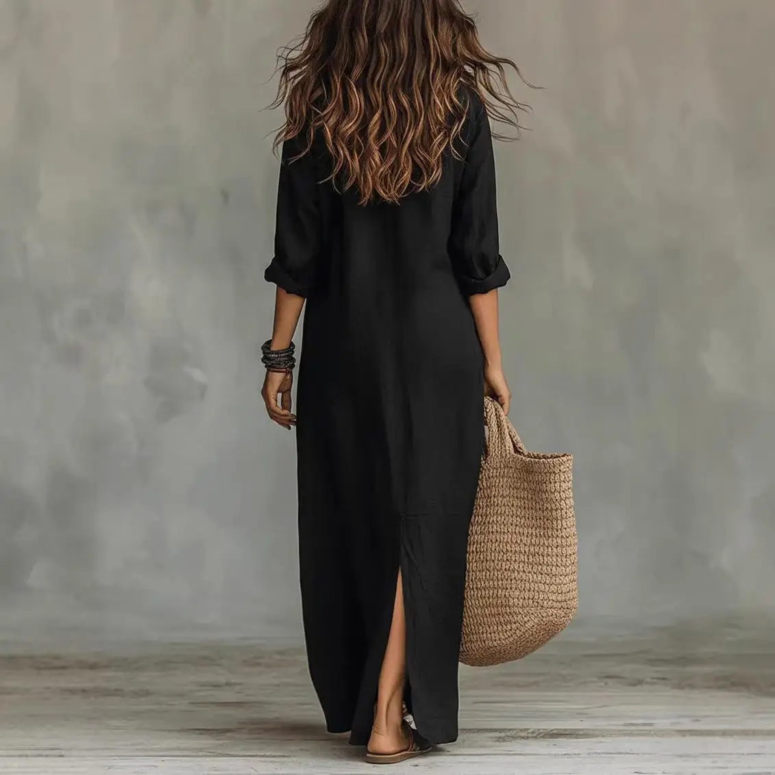 New 2026 Spring Casual Fashion V-Neck Linen Open Cardigan Dress Independent Style Loose Waist Regular Sleeve One Step Skirt