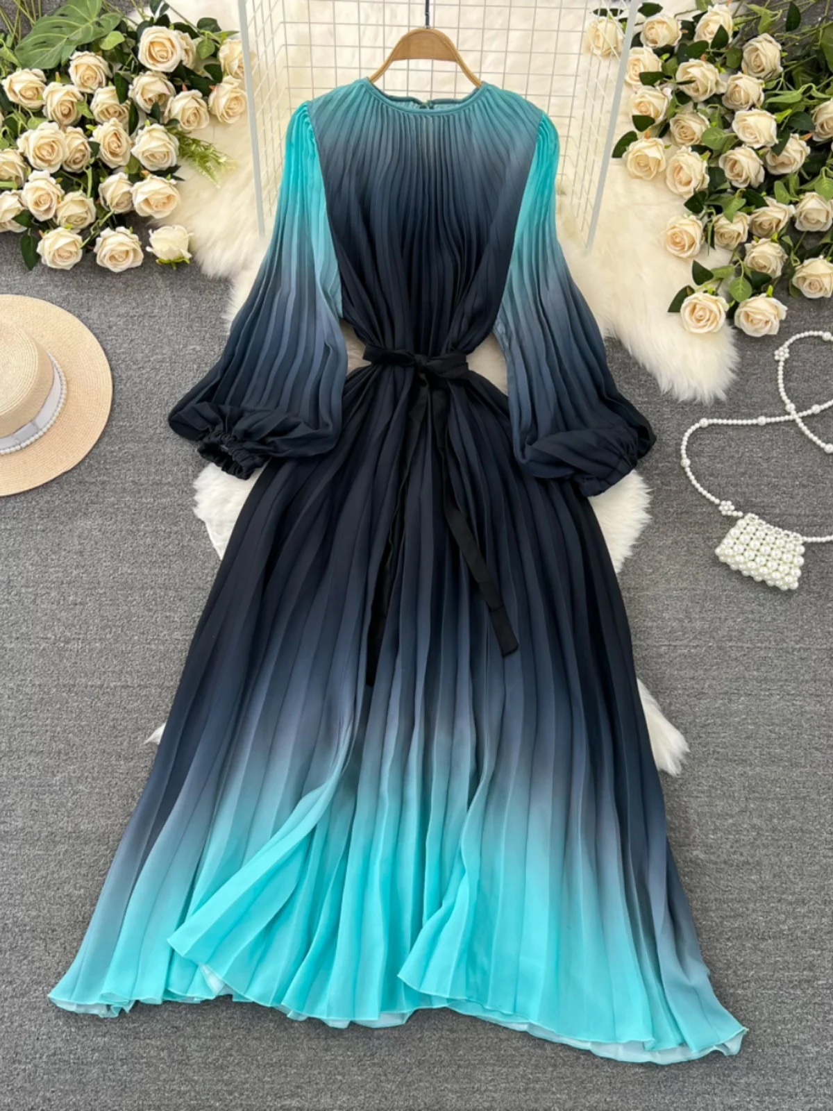 Elegant Lantern Sleeve round Neck Slimming Midi A-Line Gradient Color Pleated Dress for Young Women Autumn Fashion Ladies