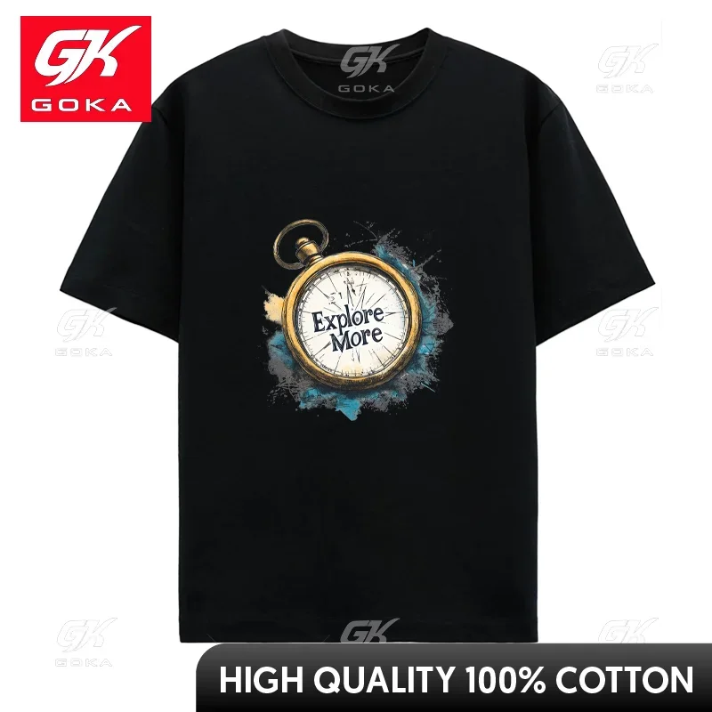 Men's and Women's Cotton T-shirt Vintage Pocket Watch Clock Personality Pattern Printed Short Sleeve Top Hip Hop Cool Unisex Tee