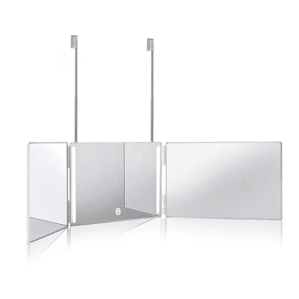 

Real Glass 3 Way Mirror Height Adjustable Portable Trifold Makeup Mirror Telescoping Hooks Hands-Free Hanging Fold Mirror