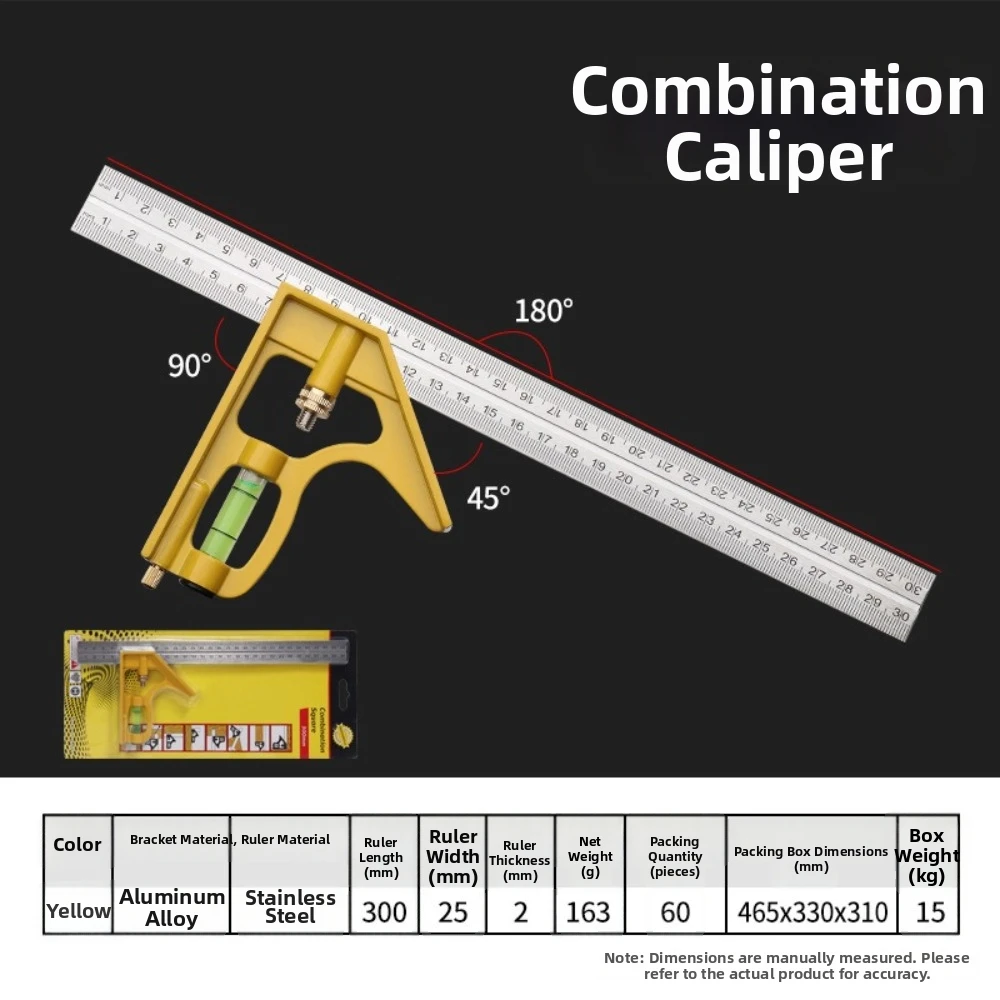 3-in-1 Combination Square Ruler 300mm Spirit Level Engineer Measuring Tool Sliding Design Movable Measuring Right Angle Ruler