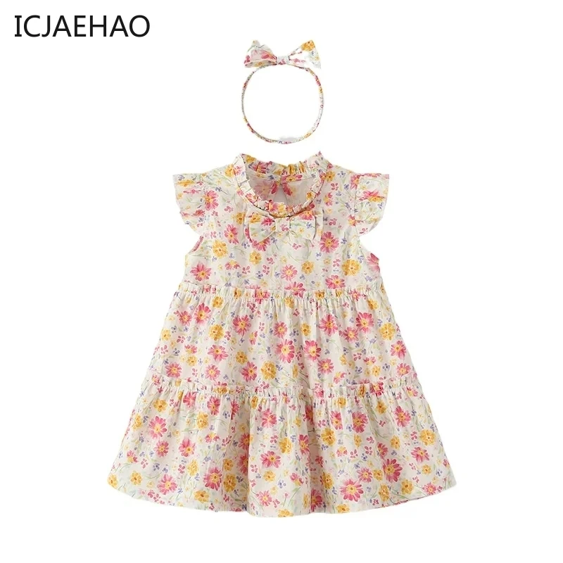 

ICJAEHAO 2024 Girls Summer New Children's Clothes Pastoral Style Small Floral Children's Wear Children's Princess A- Line Dress