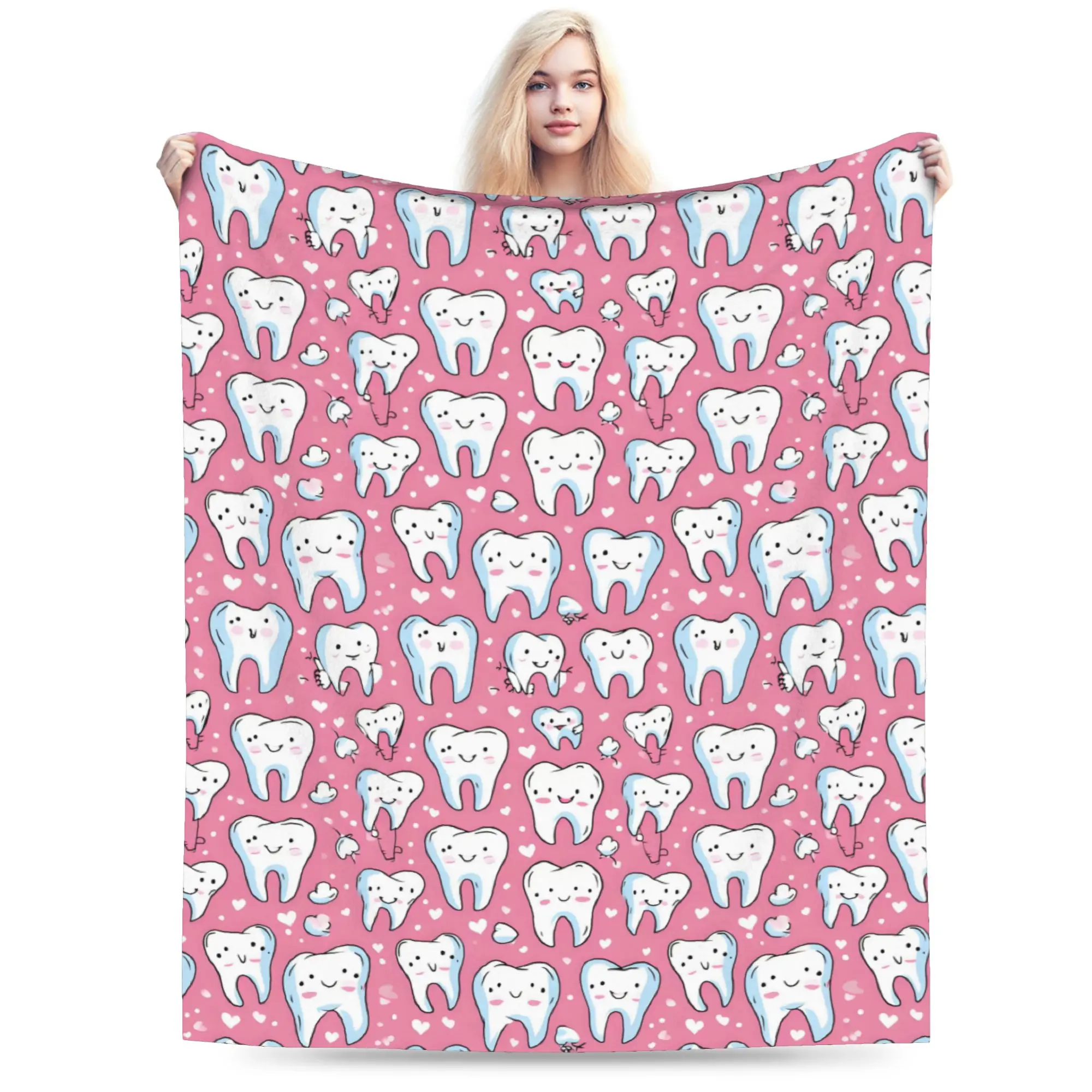 Custom Ultra-Soft Fleece Healthy Teeth Pattern Tooth Throw Blanket Warm Flannel Care Dental Blankets for Bed Travel Couch Quilt