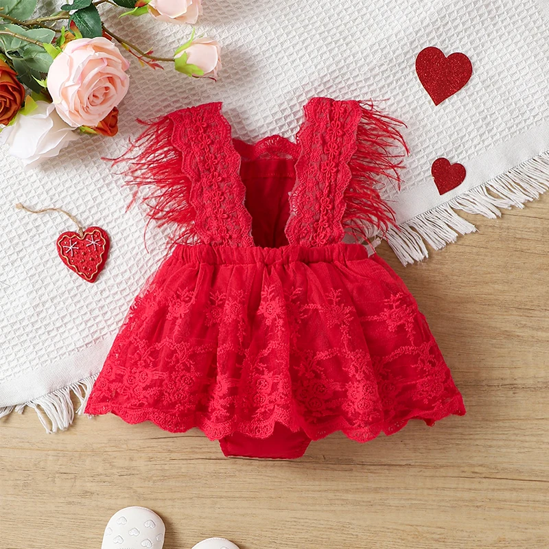 

Baby Girl Lace Romper Dress Sleeveless Feather Decor Floral Embroidery Ruffle Hem Tutu Skirt Bodysuit Summer Clothes