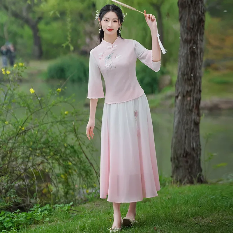

Yourqipao, лето 2022, хлопково-льняной костюм Тан с вышивкой, куртка, одежда в стиле дзен, милые топы в китайском стиле в стиле ретро, комплекты с юбкой для женщин