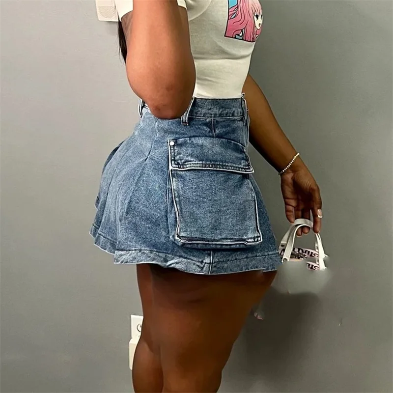 Women Side Splicing Pocket Blue Ultra-short Denim Skirt Ladies Sexy Nightclub Bar High Waist Slim Fit Wrap Hip Half-body Dresses