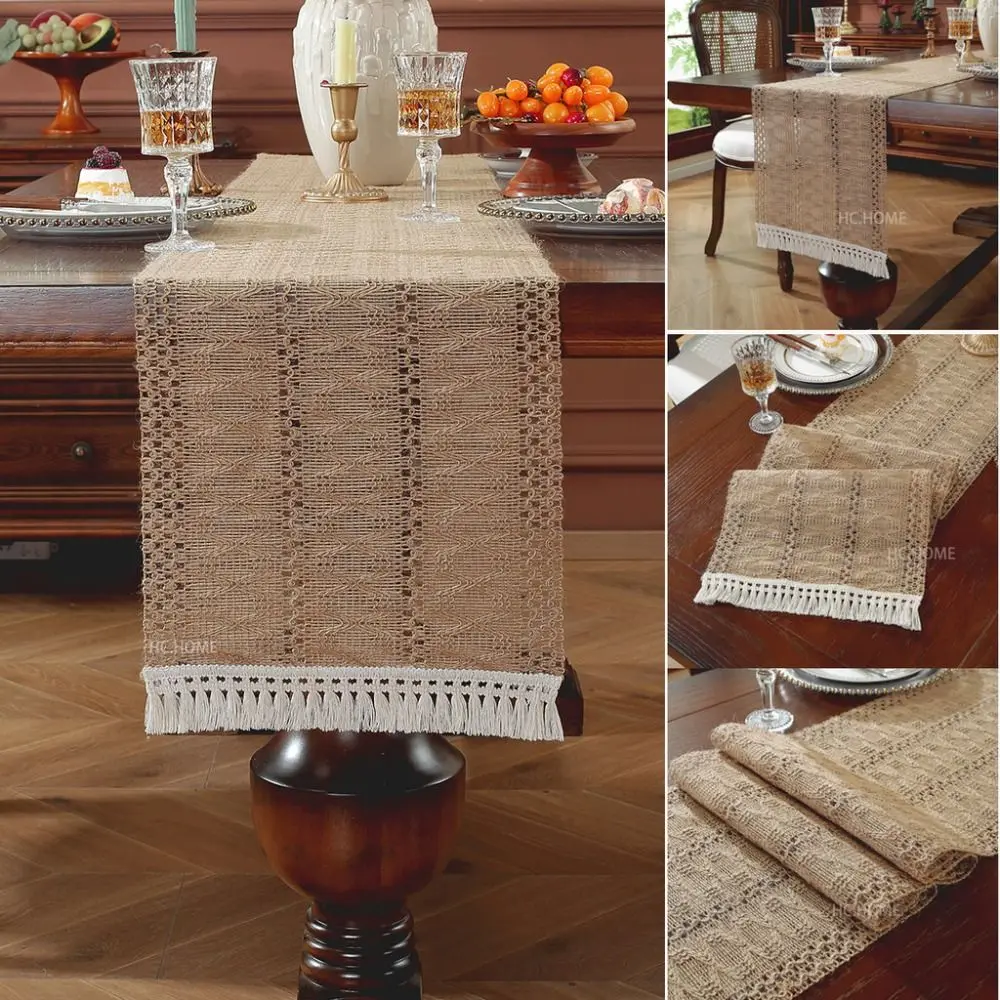 

American Style Cotton and Linen Table Runner Rustic Rectangular Boho Table Runner with Tassel Solid Color Tablecloth