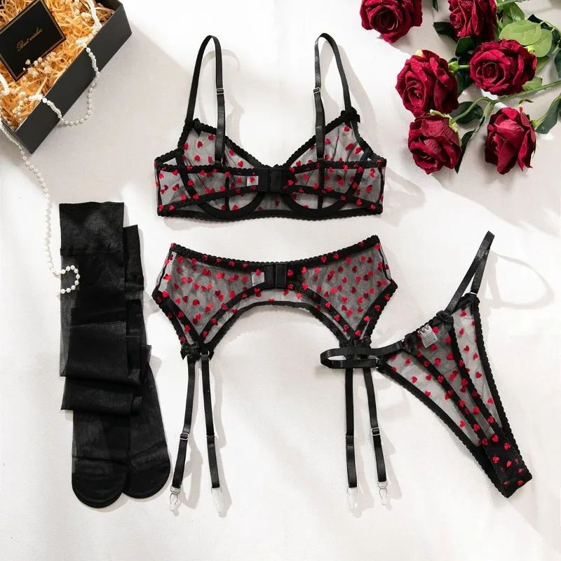 Tornova الملابس الداخلية المثيرة مع جوارب رقيقة نموذج الحب الطباعة شبكة شفافة المرقعة مثير سليم الرغبة النقية DelicateHot مجموعة #6