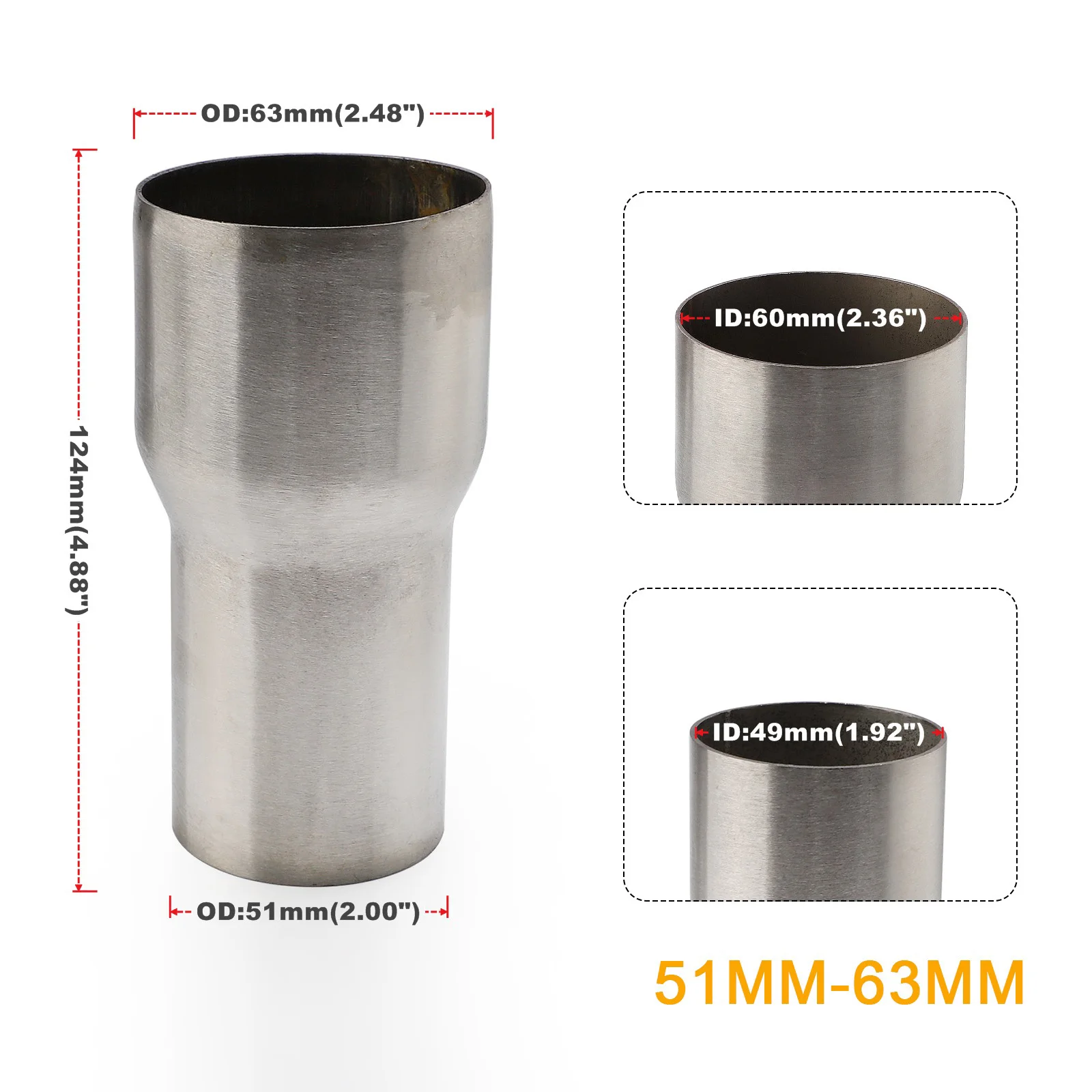 51mm-76mm 57mm-76mm 5 Step Reducer Stainless Steel Exhaust Reducer Connector Pipe Tube Adapter Intake Pipe Connection OD