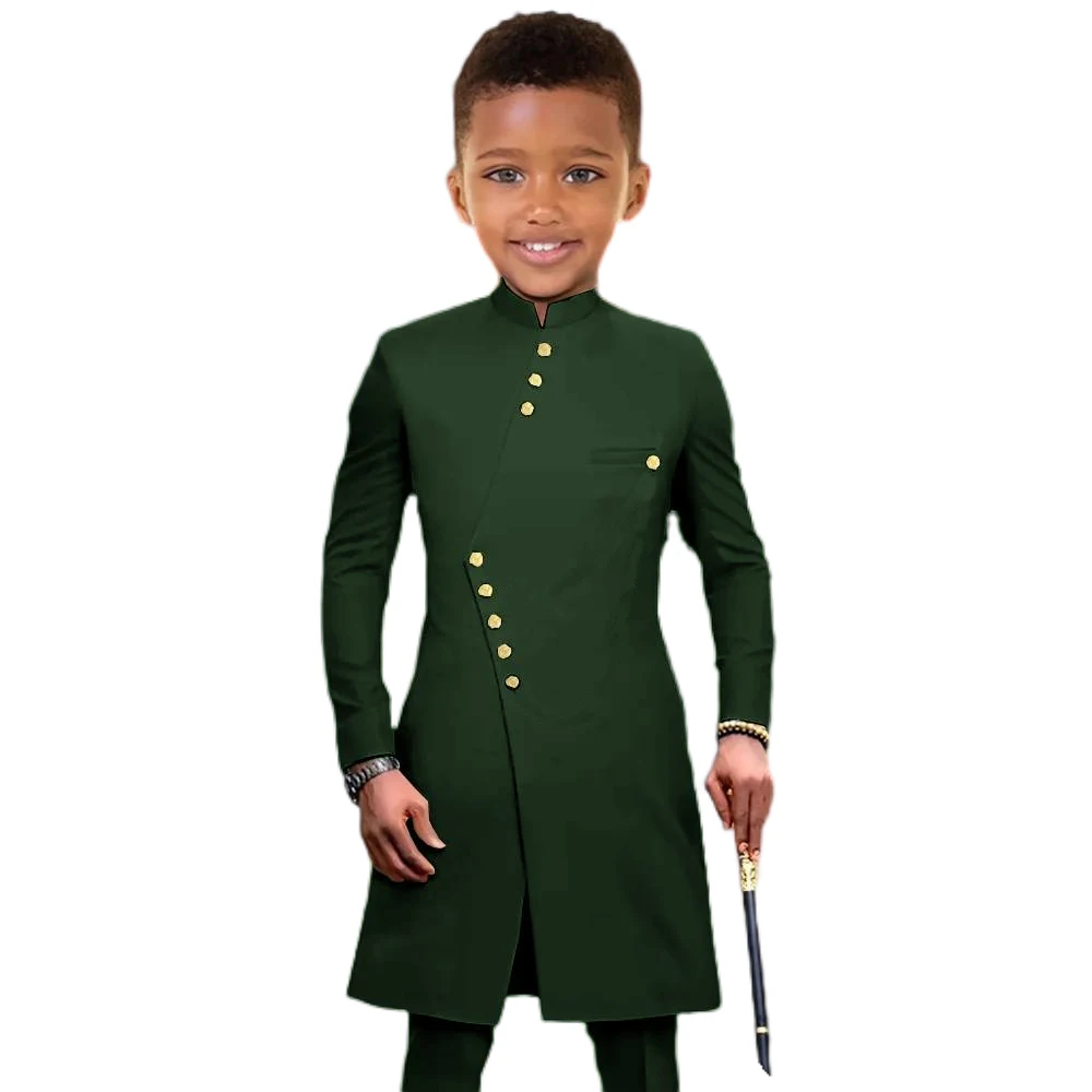 Black Suit for Boys Wedding Tuxedo Indian Style Stand Collar 2 Pieces Long Jacket Kids Fashion Party Dress Child Clothes