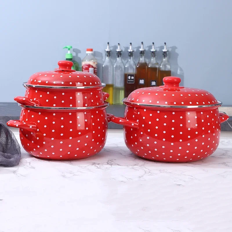 Red and White Enamel Fat Soup Pot Thick Double Ear Stew Pot Household Lard Pot with Lid Enamel Decoction Pot