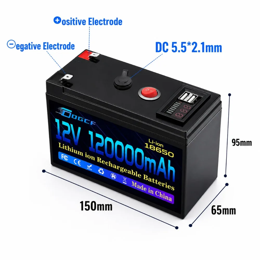 New 12V Battery 100Ah 18650 2026 Rechargeable LiFePO4 Lithium Battery Built-in 5V 2.1A Usb Power Display Port Charger