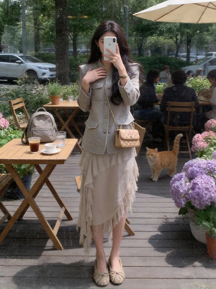 

Spring New Lazy Style Suit Jacket And Skirt Set Irregular High Waist Midi Skirt Comfortable Long Sleeve Collar Loose Fit