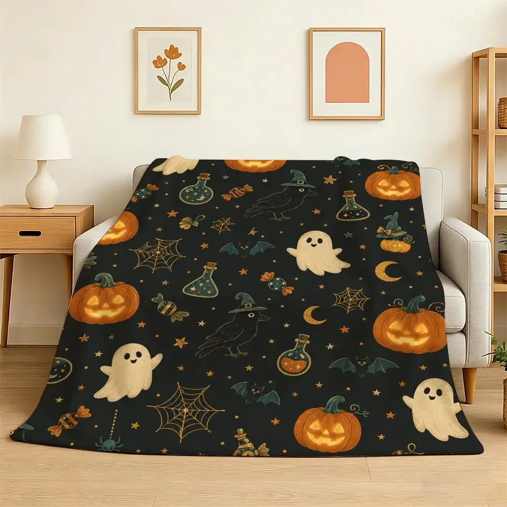 Vintage Cat Pumpkin Halloween Throw 240g Flannel Blanket Lightweight Soft Skin-friendly Summer Thin Throw Blanket