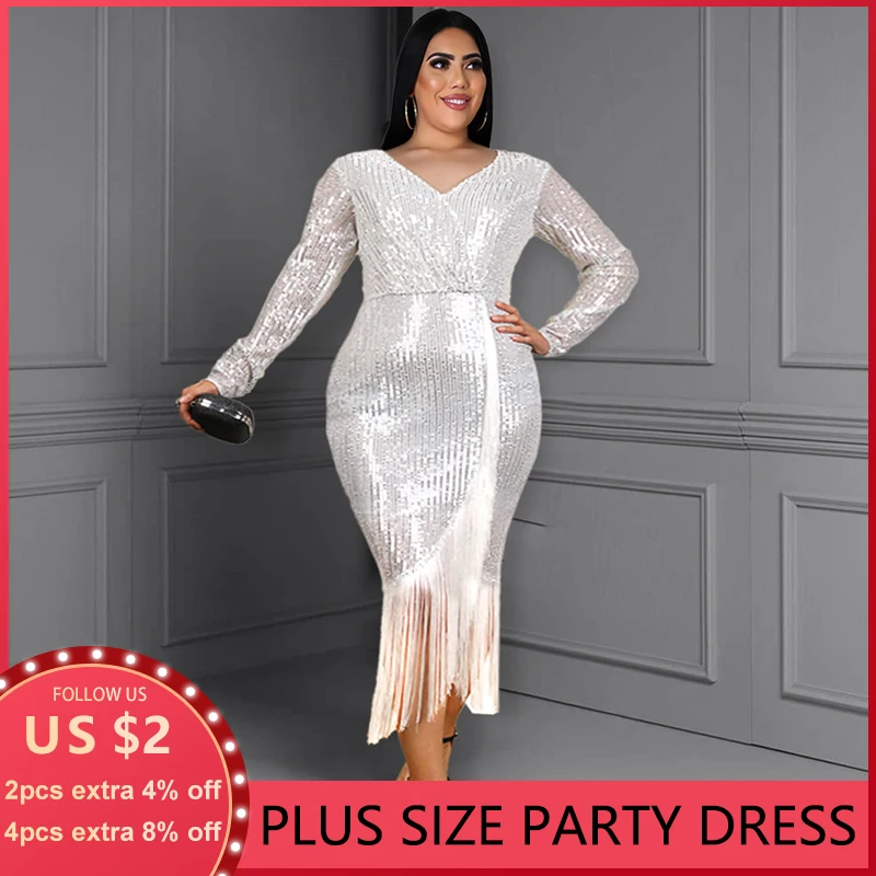 Sequin Dresses Plus Size Women\'s Clothing High Elastic Party Evening Dress 2022 New Fashion Elegant V-neck Split Tassel Dress