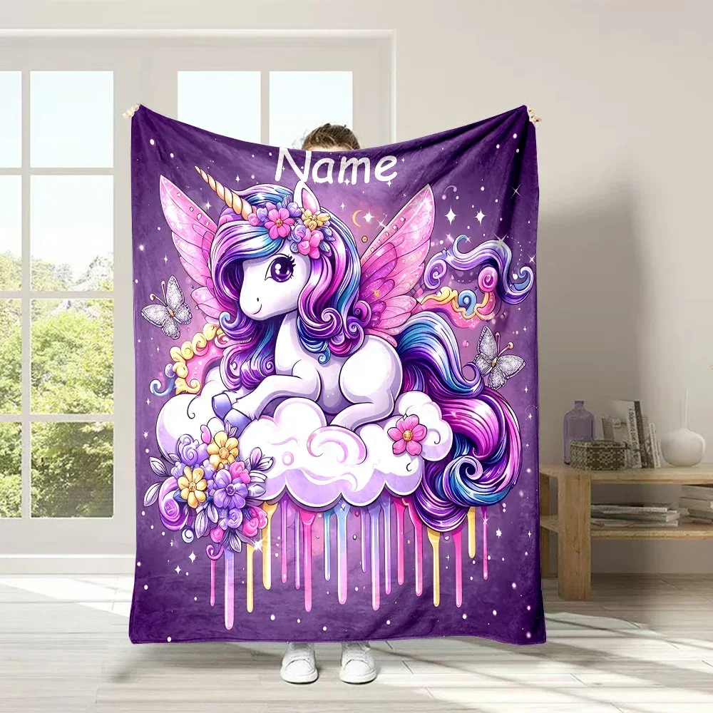 (Memo U Name) Customized Name Personalized Blanket Cartoon Unicorn Print Warm and Comfortable Blanket for Adults and Kids Gifts