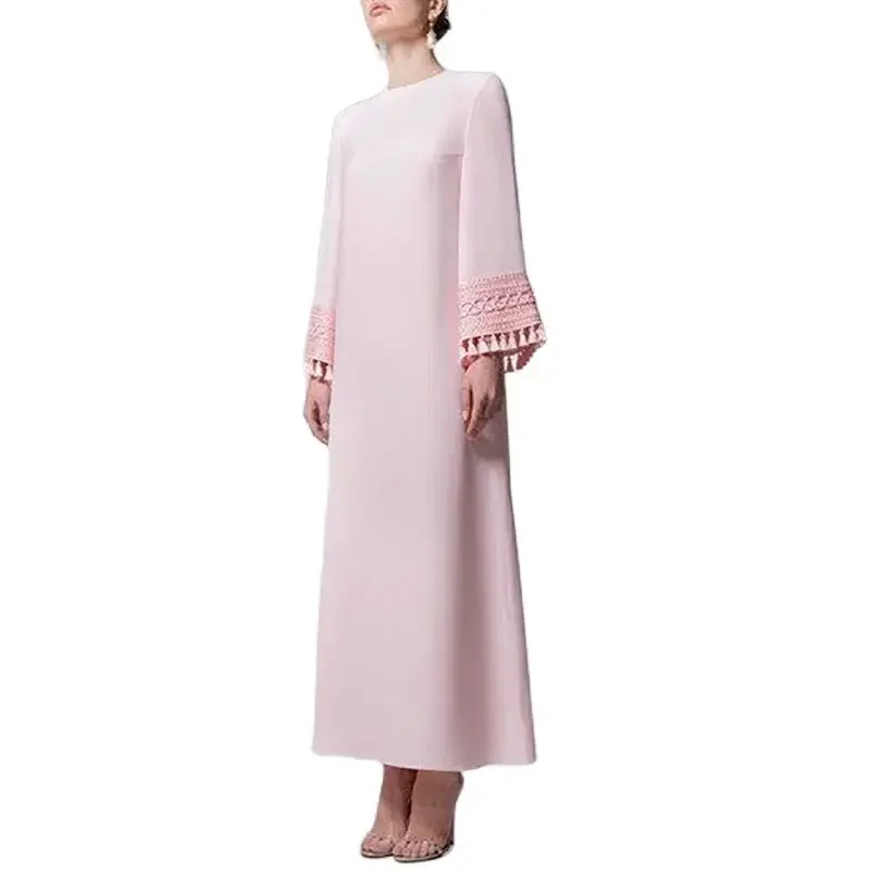 Customized Elegant Pink Long Sleeves Evening Dresses for Women O-Neck Ankle-Length Party Wedding Special Events Ceremony Dress 2