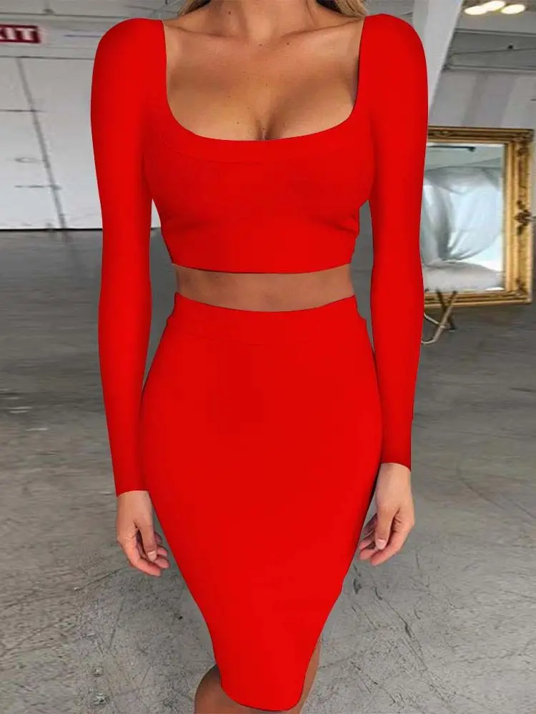 Bandage Dress Sets Autumn Winter 2021 Women Sexy Long Sleeve Crop Top And Bodycon Skirt Two Piece Set Lilac Club Party Outfit